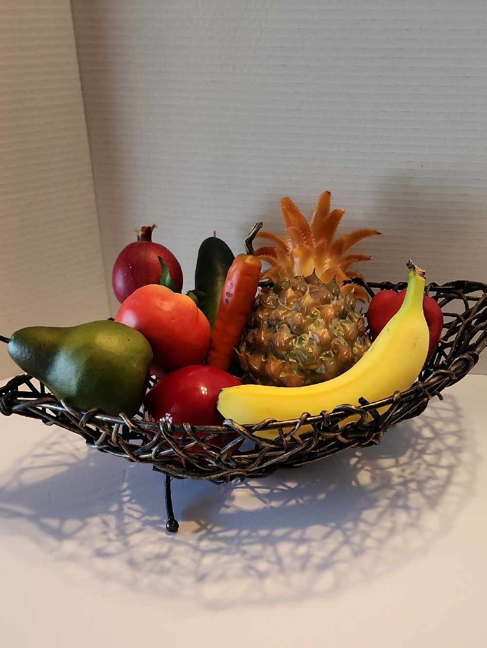 Decorative Fruit Basket. Bronze Colored, Made Of Metal And Vines With 3 Legs
